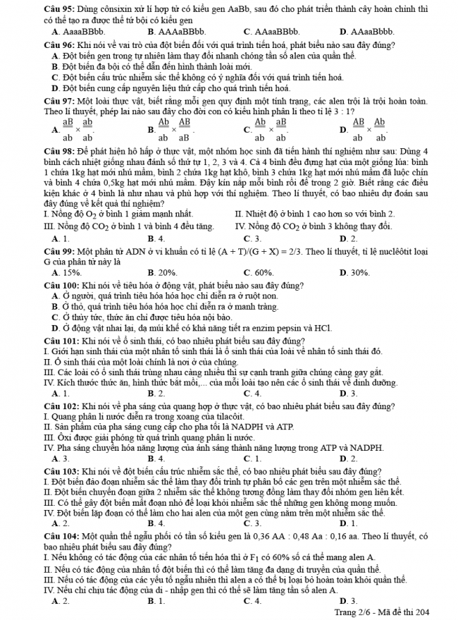 Đáp án đề thi Sinh mã đề 204 - THPT Quốc Gia 2018 2