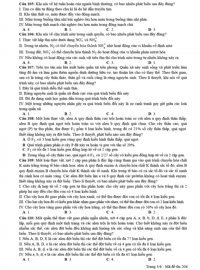 Đáp án đề thi Sinh mã đề 204 - THPT Quốc Gia 2018 3