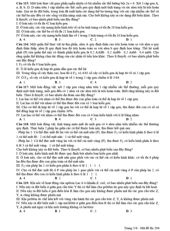 Đáp án đề thi Sinh mã đề 204 - THPT Quốc Gia 2018 5