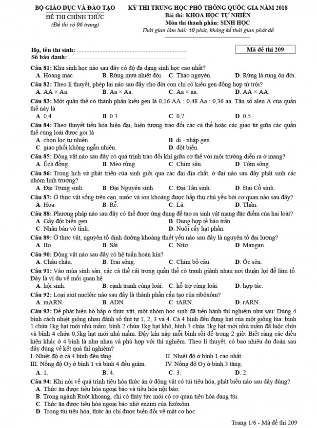 Đáp án đề thi Sinh mã đề 209 - THPT Quốc Gia 2018 1