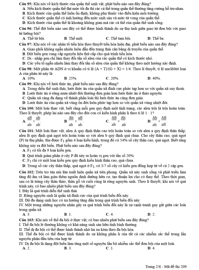 Đáp án đề thi Sinh mã đề 209 - THPT Quốc Gia 2018 2