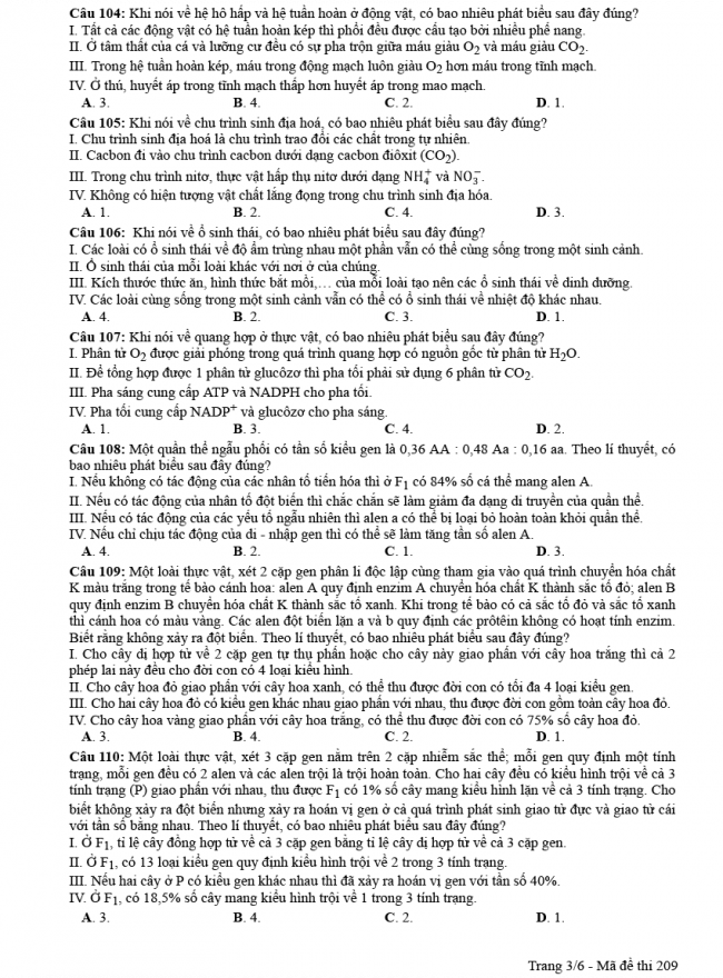 Đáp án đề thi Sinh mã đề 209 - THPT Quốc Gia 2018 3