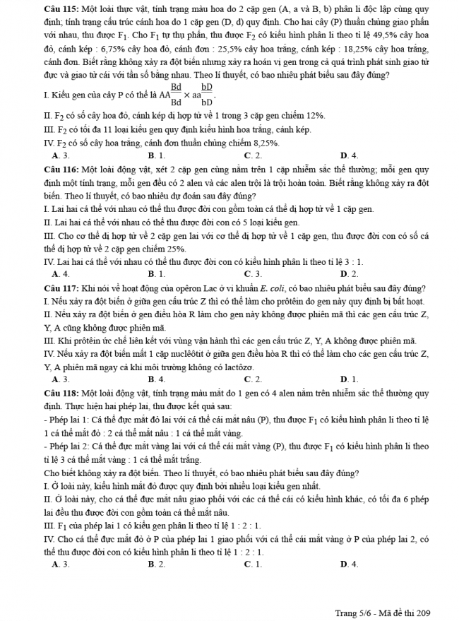 Đáp án đề thi Sinh mã đề 209 - THPT Quốc Gia 2018 5