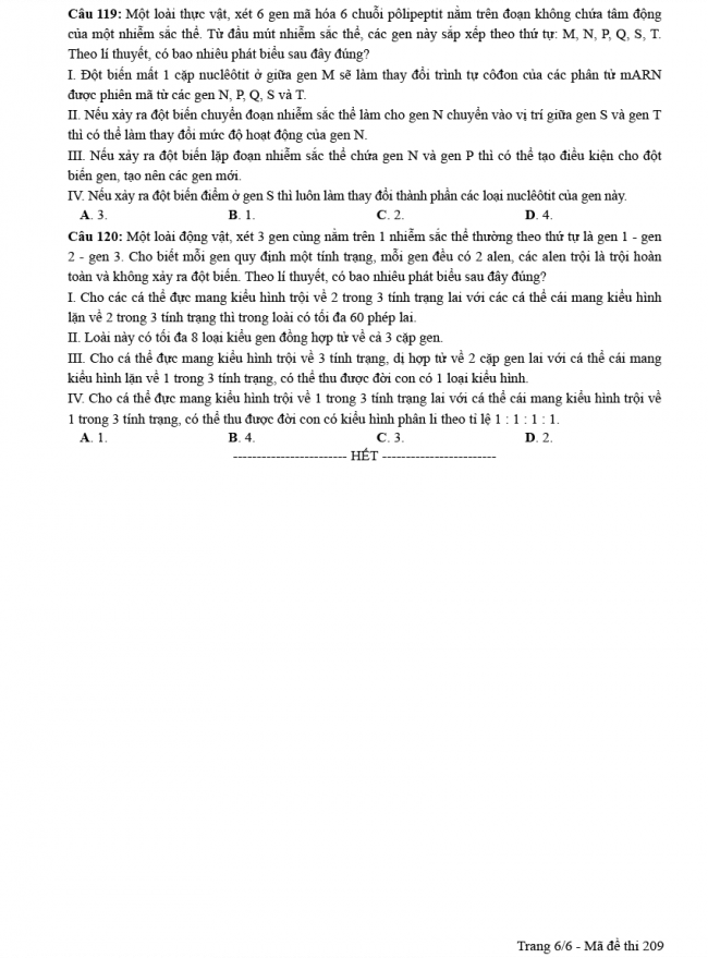 Đáp án đề thi Sinh mã đề 209 - THPT Quốc Gia 2018 6