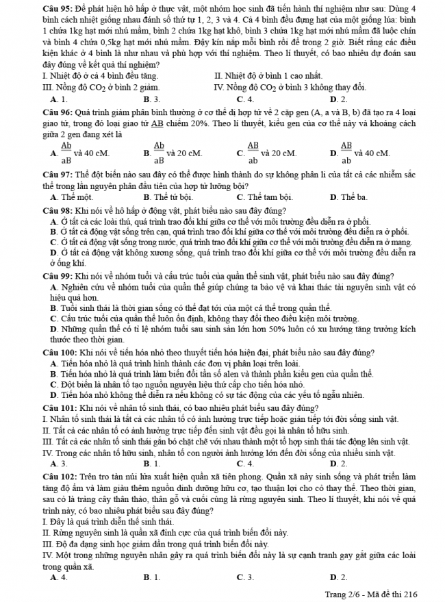Đáp án đề thi Sinh mã đề 216 - THPT Quốc Gia 2018 2