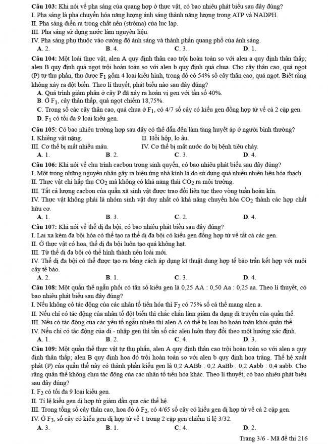 Đáp án đề thi Sinh mã đề 216 - THPT Quốc Gia 2018 3