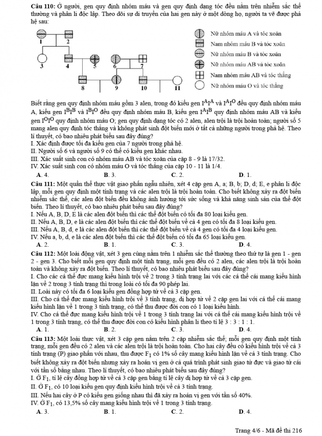 Đáp án đề thi Sinh mã đề 216 - THPT Quốc Gia 2018 4