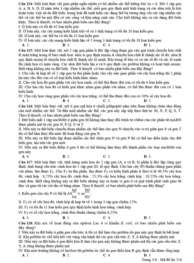 Đáp án đề thi Sinh mã đề 216 - THPT Quốc Gia 2018 5