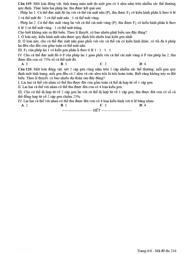 Đáp án đề thi Sinh mã đề 216 - THPT Quốc Gia 2018 6