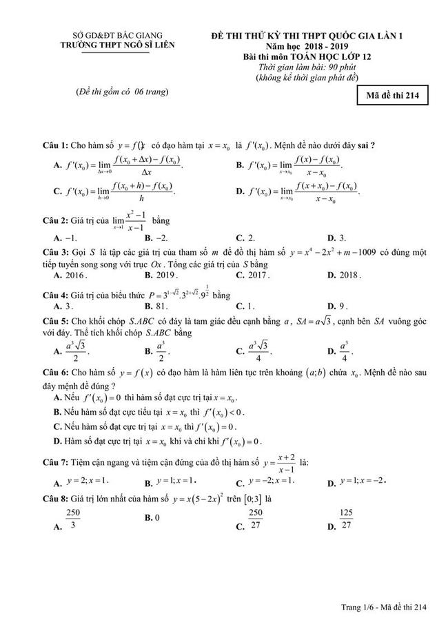 Đề thi thử THPT 2019 môn Toán trường THPT Ngô Sỹ Liên - Bắc Giang lần 1 trang 1