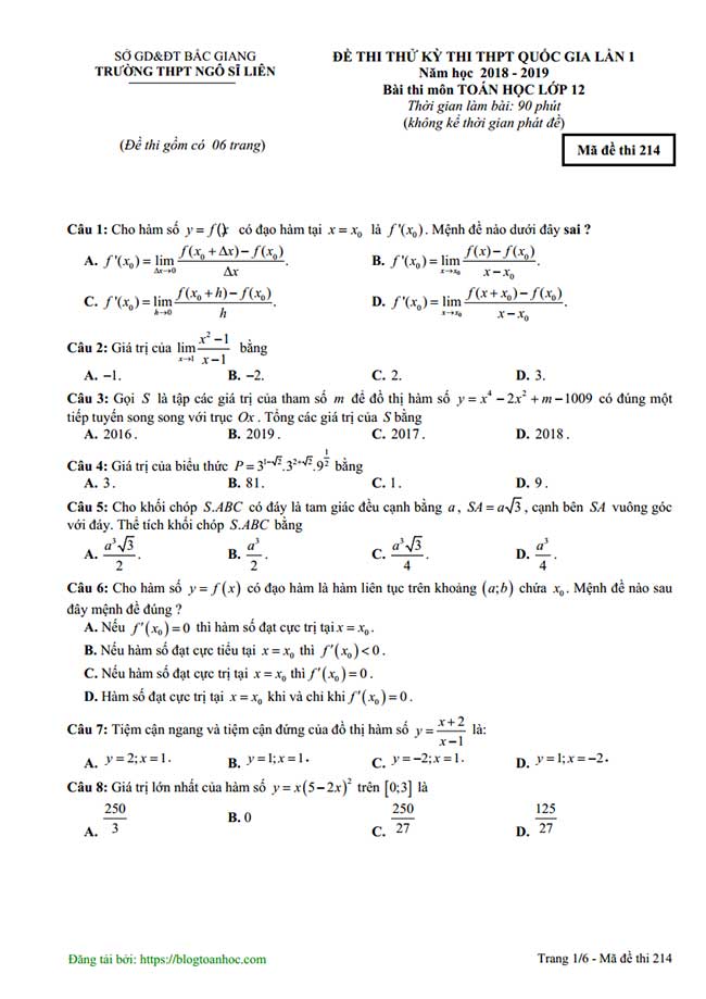 Đề thi thử THPTQG môn Toán trường Ngô Sĩ Liên Lần 1 - Trang 1