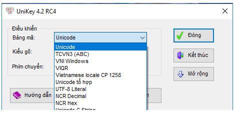chọn bảng mã Unicode