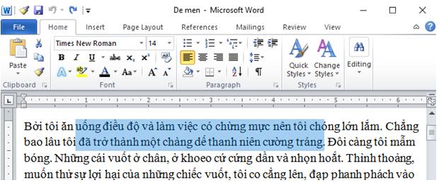 Nhấn giữ Alt và kéo thả chuột thì tất cả các kí tự trong vùng giới hạn bởi điểm bắt đầu kéo chuột và thả chuột được đánh dấu.