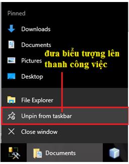 Nháy nút chuột phải vào biểu tượng File Explorer và chọn Unpin from taskbar để đưa biểu tượng vào thanh công việc