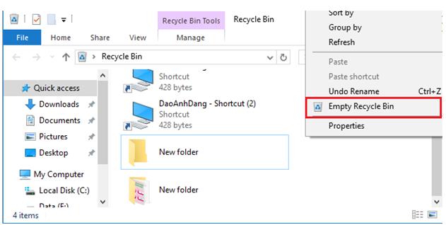 Chọn lệnh Empty Recycle sẽ xóa vĩnh viễn tất cả thông tin thùng rác