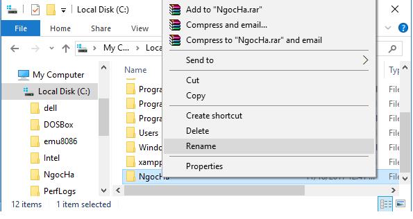 Nhấn chuột phải vào thư mục NgocHa và chọn Rename