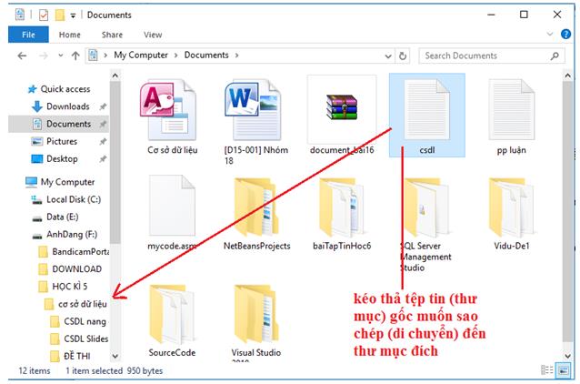 Ví dụ trong hình dưới đây tệp csdl cần được sao chép sang thư mục cơ sở dữ liệu