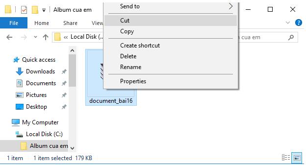Trong thư mục Album cua em, nháy chuột phải vào tệp tin chọn Cut