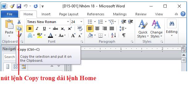 Nháy chuột vào nút lệnh Copy trong dải lệnh Home