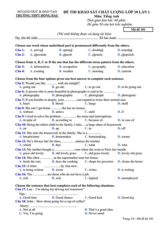Đề thi Tiếng Anh vào 10 THPT Đồng Đậu lần 1 mã đề 101 trang 1