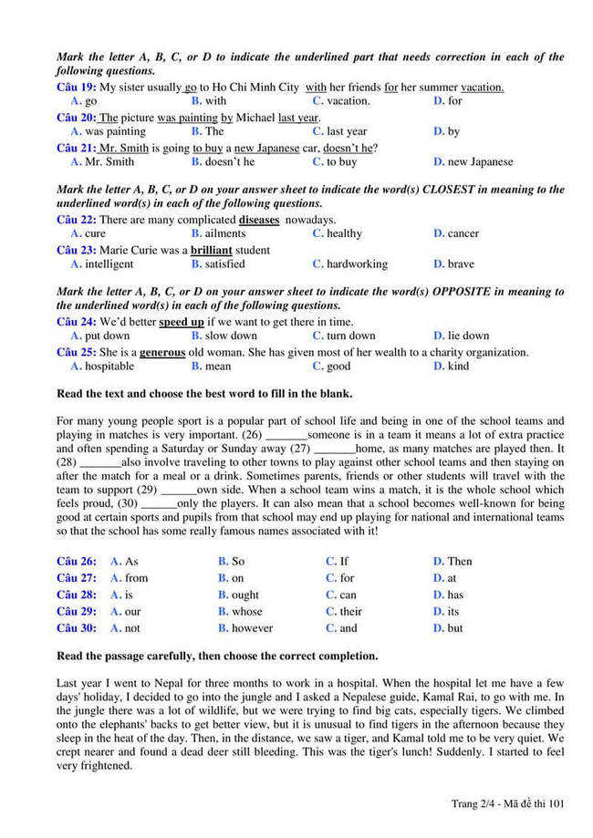 Đề thi Tiếng Anh vào 10 THPT Đồng Đậu lần 1 mã đề 101 trang 2