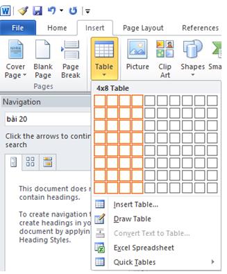 Nháy chuột vào Table trong dải lệnh Insert và chọn số dòng, cột cần thiết cho bảng