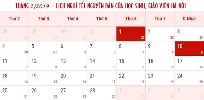 Lịch nghỉ Tết Nguyên đán 2019 của học sinh, giáo viên Hà Nội 