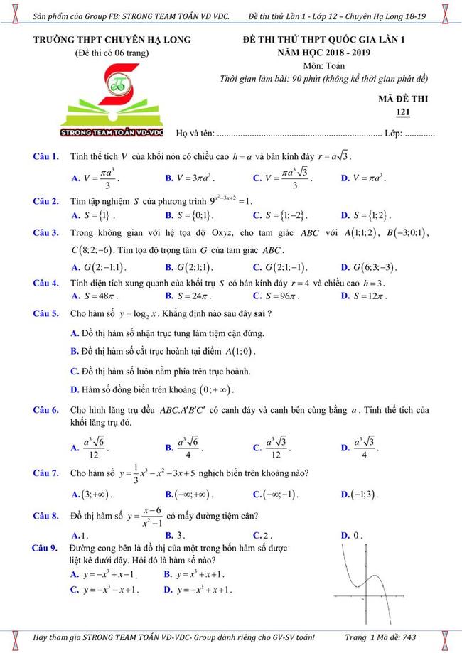 Đề thi thử môn Toán THPT năm 2019 trường chuyên Hạ Long - Quảng Ninh trang 1