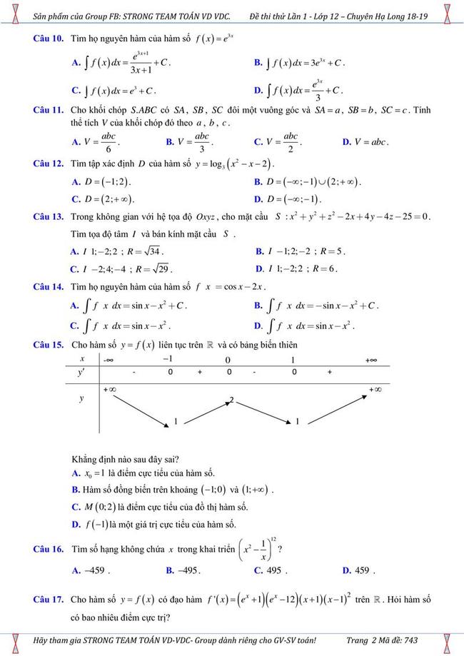 Đề thi thử môn Toán THPT năm 2019 trường chuyên Hạ Long - Quảng Ninh trang 2