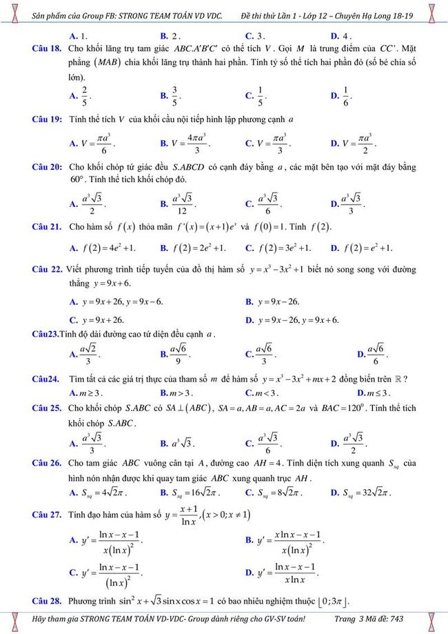 Đề thi thử môn Toán THPT năm 2019 trường chuyên Hạ Long - Quảng Ninh trang 3