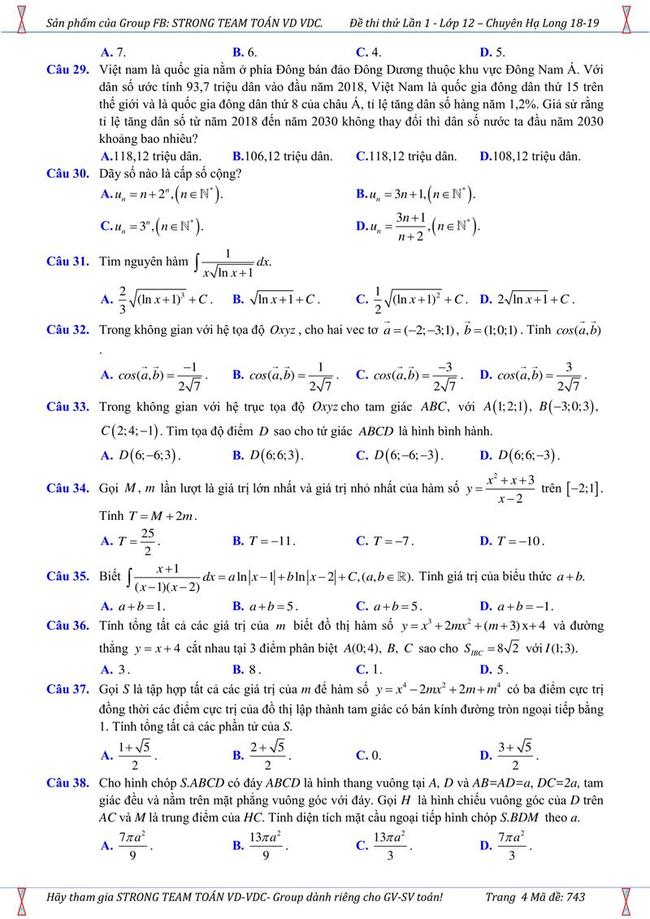 Đề thi thử môn Toán THPT năm 2019 trường chuyên Hạ Long - Quảng Ninh trang 4