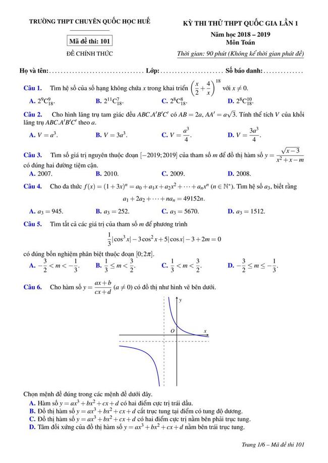 Đề thi thử môn Toán THPT năm 2019  trường THPT chuyên Quốc học Huế lần 1 trang 1