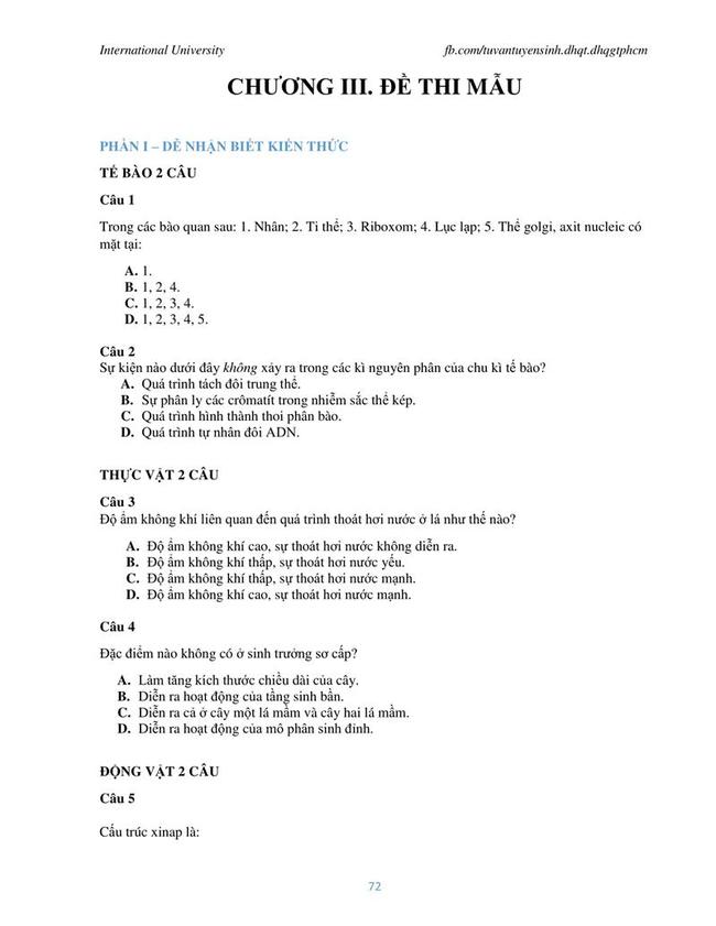 Đề thi mẫu đánh giá năng lực ĐH Quốc gia TPHCM 2019 môn Sinh trang 1