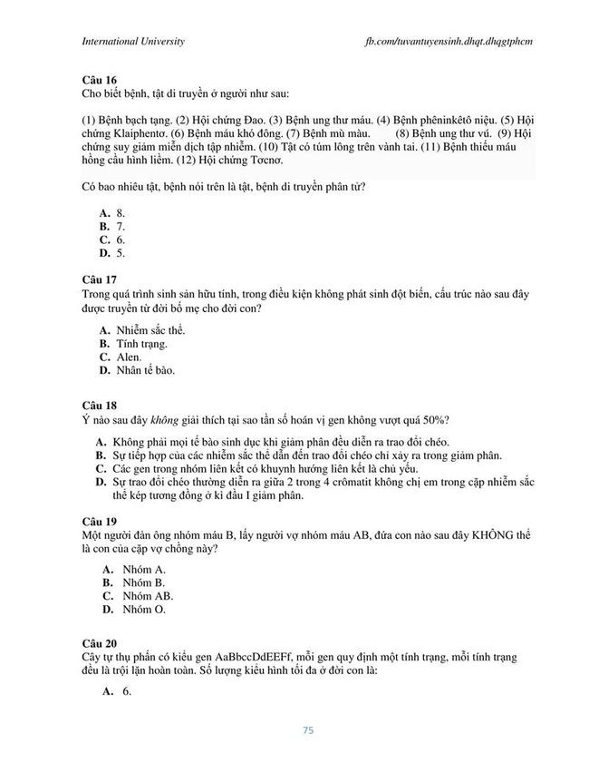 Đề thi mẫu đánh giá năng lực ĐH Quốc gia TPHCM 2019 môn Sinh trang 4