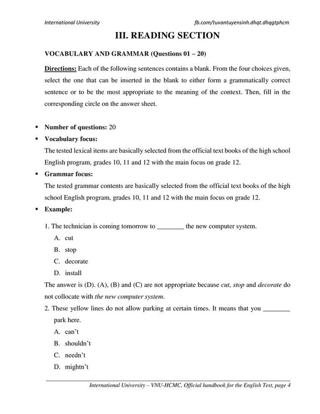 Đề thi mẫu đánh giá năng lực ĐH Quốc gia TPHCM 2019 môn Tiếng Anh trang 1