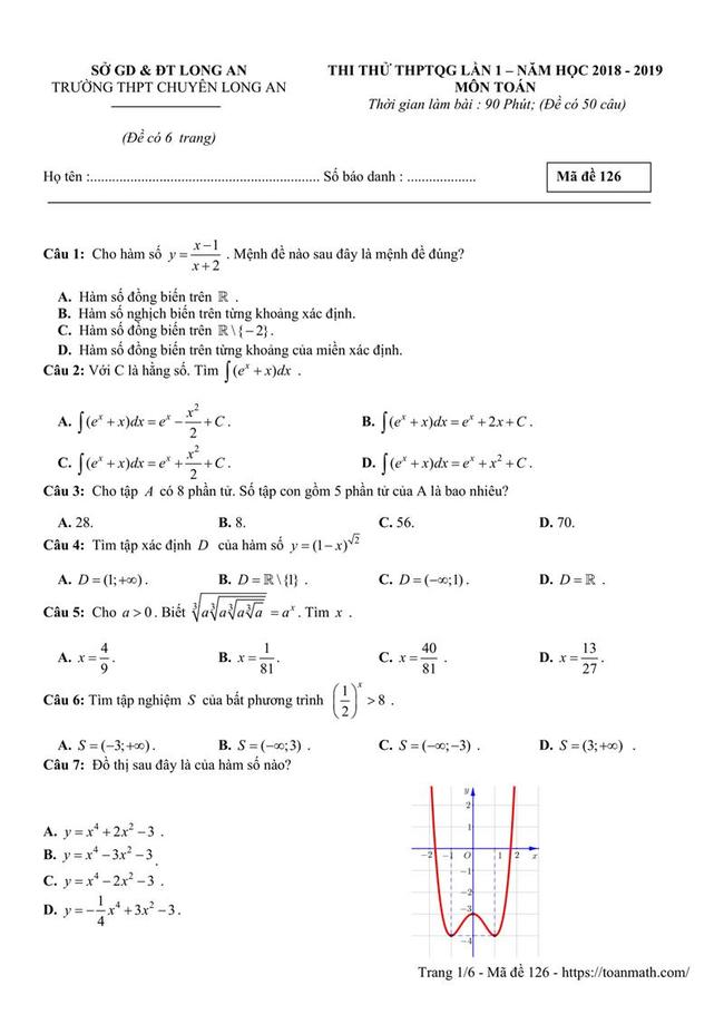 Đề thi thử môn Toán THPT năm 2019 trường THPT chuyên Long An trang 1