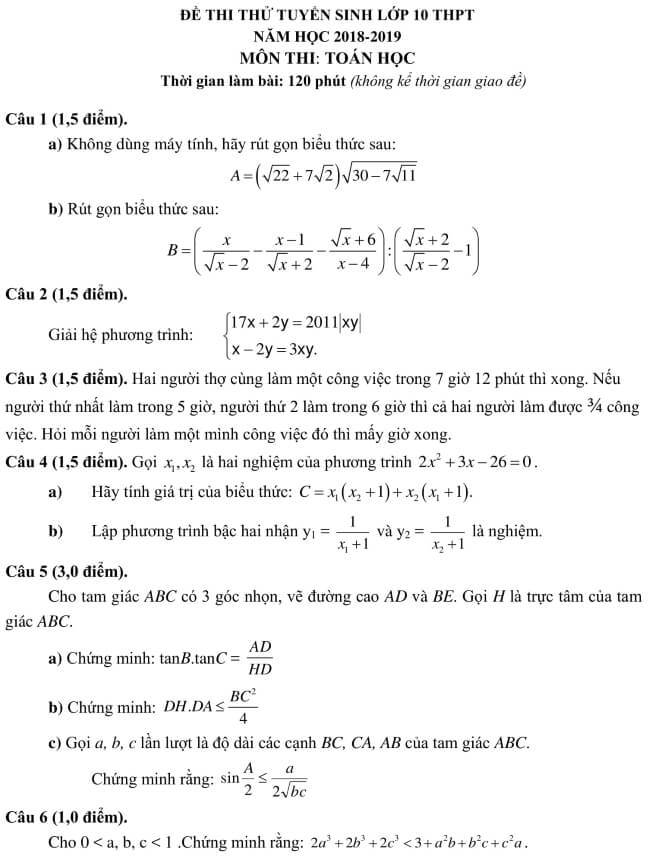 Đề thi thử vào 10 môn Toán trường THPT Yên Thế - Bắc Giang trang 1