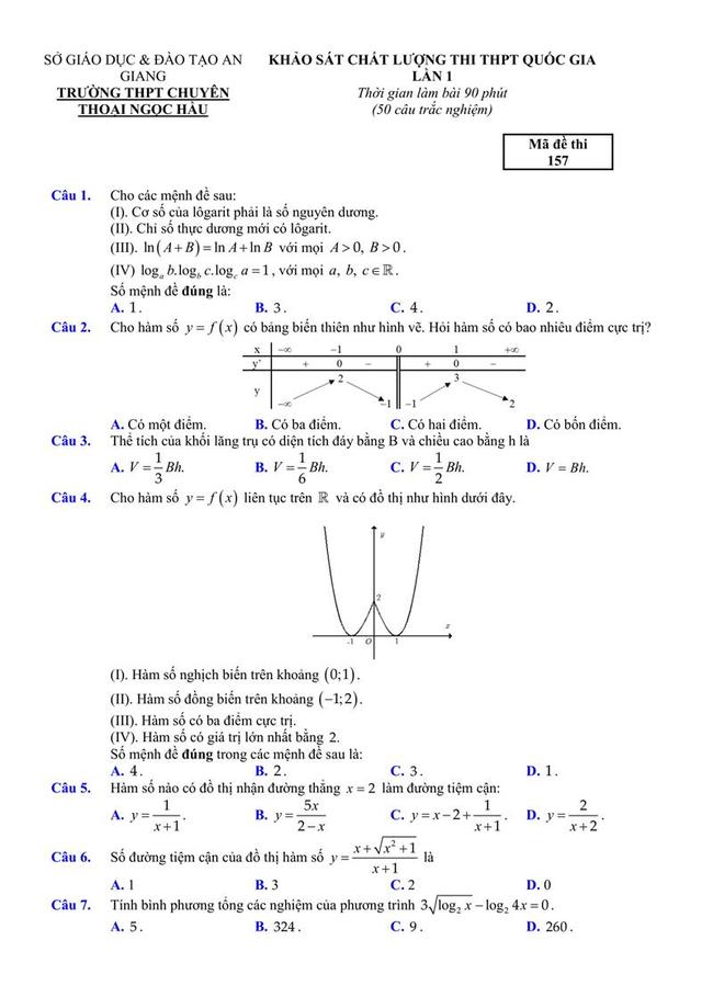 Đề thi thử môn Toán THPT năm 2019 trường chuyên Thoại Ngọc Hầu - An Giang trang 1