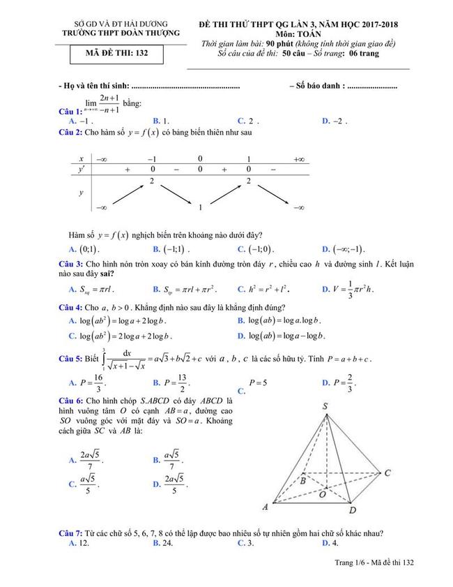 Đề thi thử môn Toán THPT năm 2019 trường THPT Đoàn Thượng - Hải Dương lần 3 trang 1