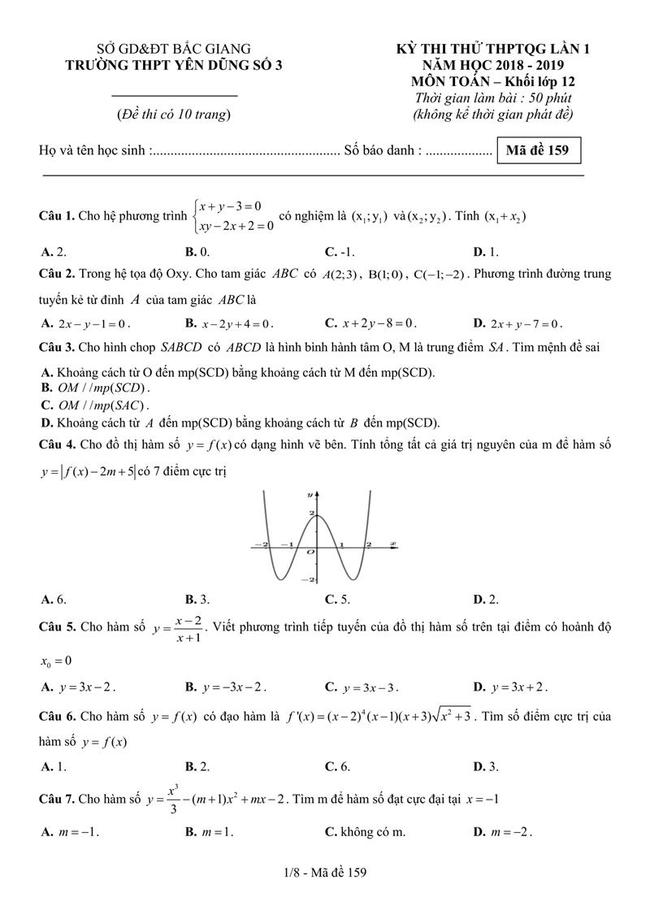 Đề thi thử môn Toán THPT năm 2019  trường Yên Dũng 3 - Bắc Giang lần 1 trang 1