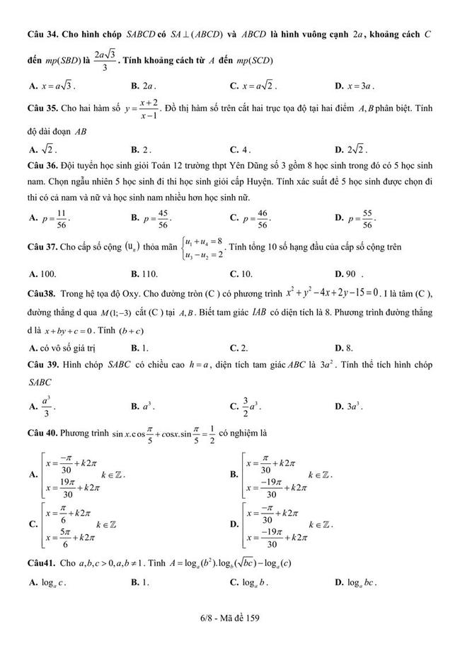 Đề thi thử môn Toán THPT năm 2019  trường Yên Dũng 3 - Bắc Giang lần 1 trang 6