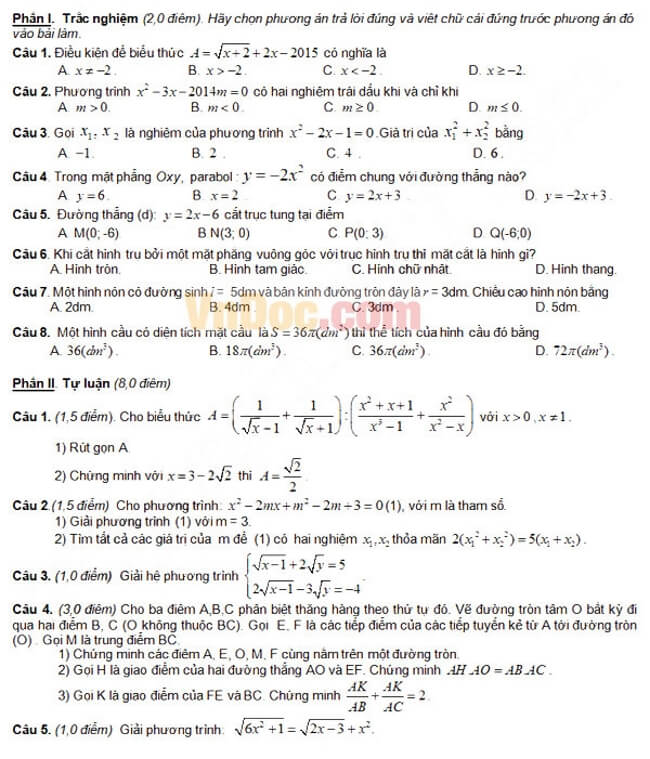 Đề thi thử vào 10 môn Toán trường THPT Hiệp Hòa số 1 - Bắc Giang