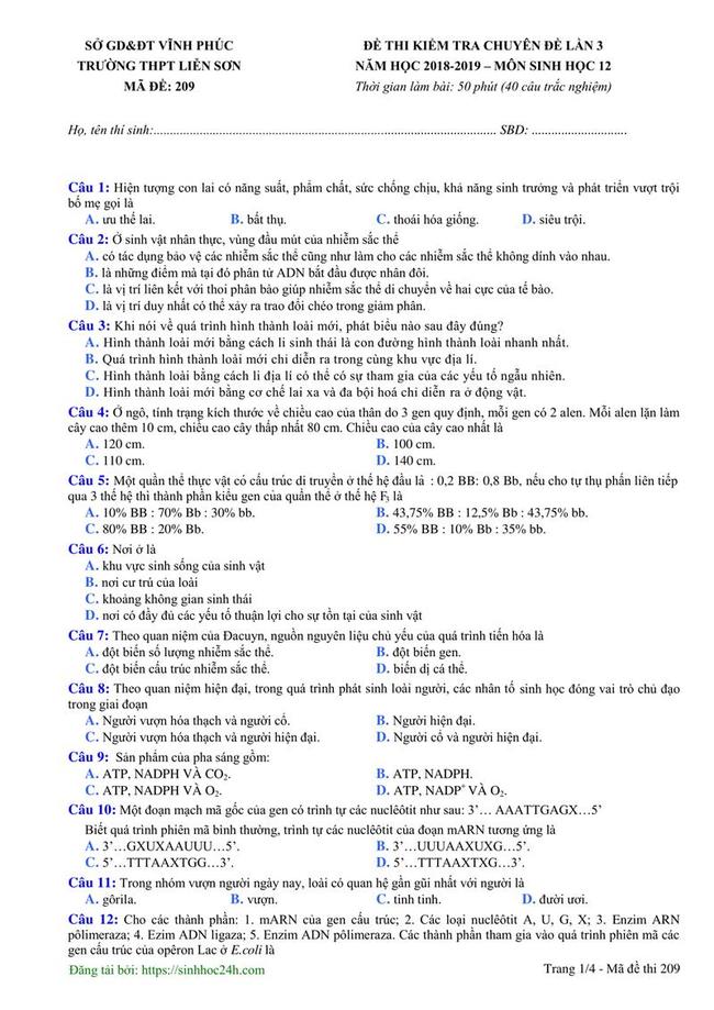 Đề thi thử môn Sinh THPT năm 2019 trường THPT Liễn Sơn - Vĩnh Phúc lần 3 trang 1