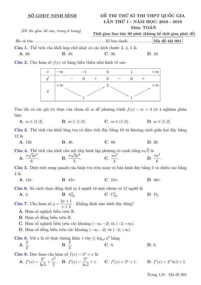 Đề thi thử môn Toán THPT năm 2019 Sở GD&ĐT Ninh Bình lần 1 trang 1