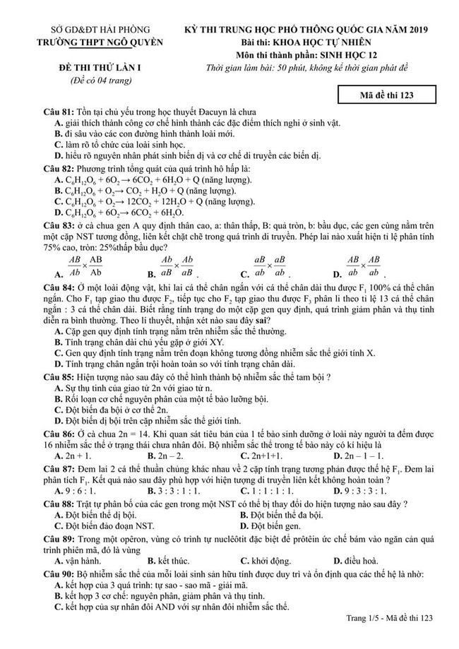 Đề thi thử môn Sinh THPT năm 2019 trường THPT Ngô Quyền ...