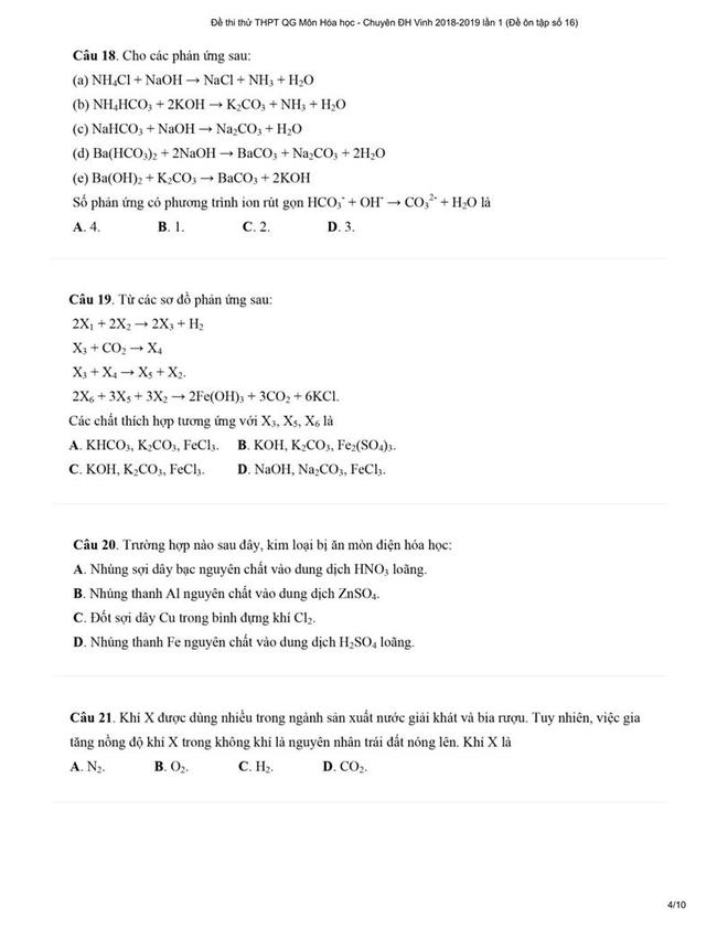 Đề thi thử môn Hóa THPT năm 2019 trường Chuyên ĐH Vinh lần 1 trang 4