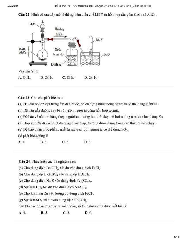 Đề thi thử môn Hóa THPT năm 2019 trường Chuyên ĐH Vinh lần 1 trang 5