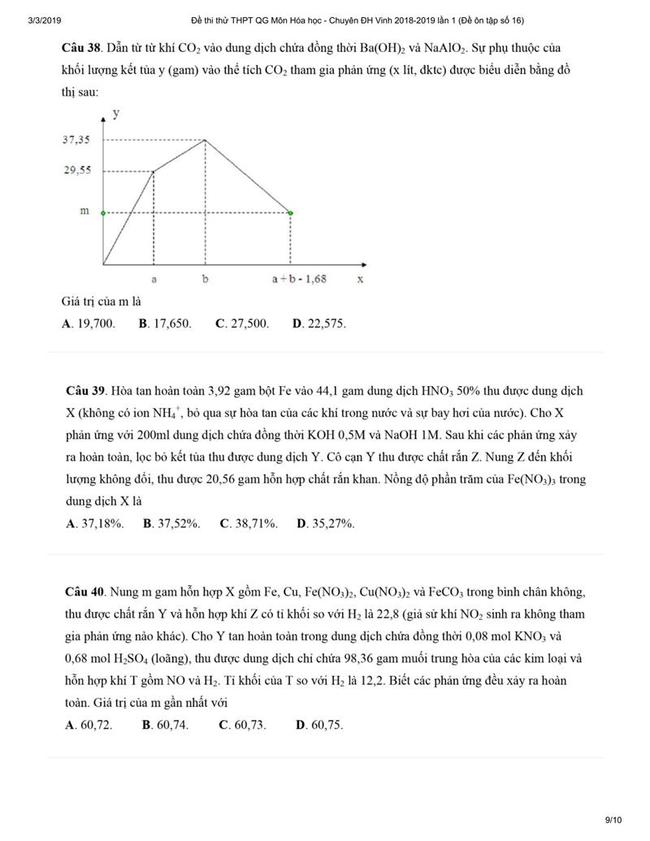Đề thi thử môn Hóa THPT năm 2019 trường Chuyên ĐH Vinh lần 1 trang 9