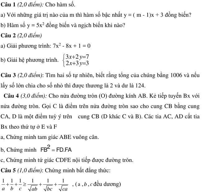 Đề thi thử vào 10 môn Toán trường THPT Hàn Thuyên - Bắc Ninh