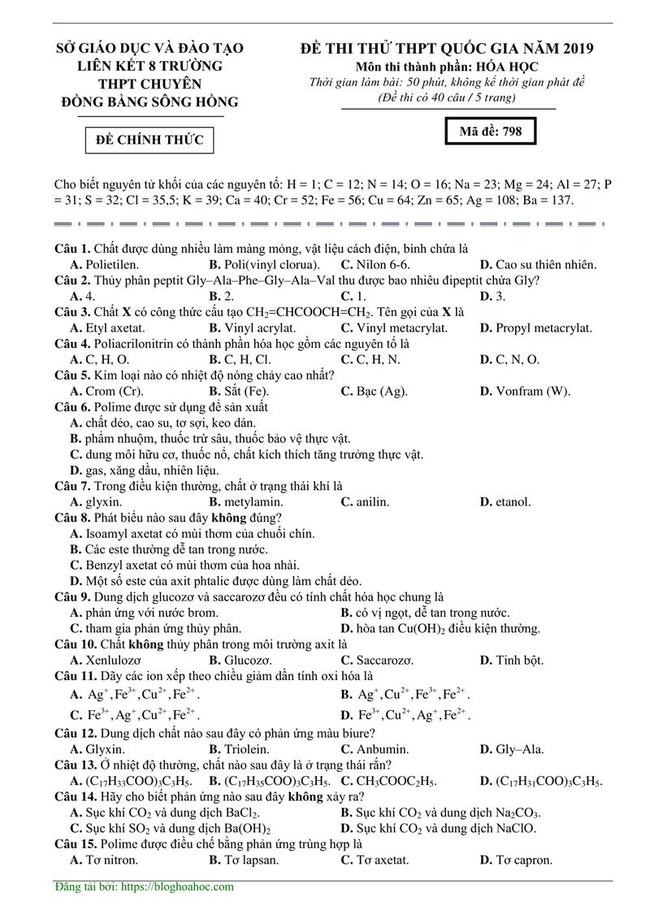 Đề thi thử môn Hóa THPT năm 2019 của cụm 8 trường THPT Chuyên Đồng Bằng sông Hồng trang 1